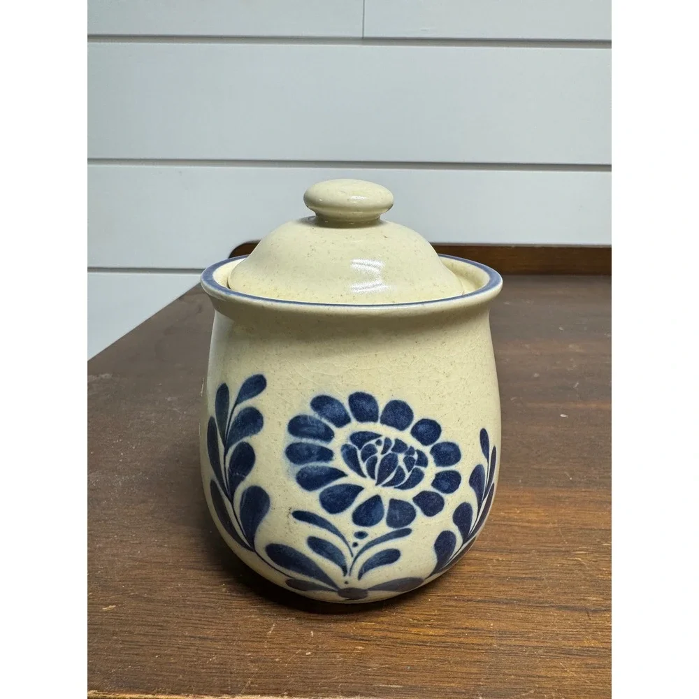 Vintage Hand Painted Blue Floral Stoneware Jam Jar Sugar Bowl with Lid Cream